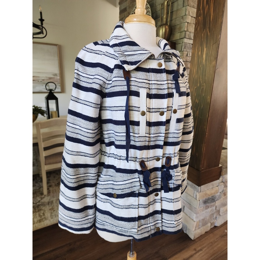 Ann Taylor LOFT Womens Medium Navy White Striped Nautical Utility Anorak Jacket